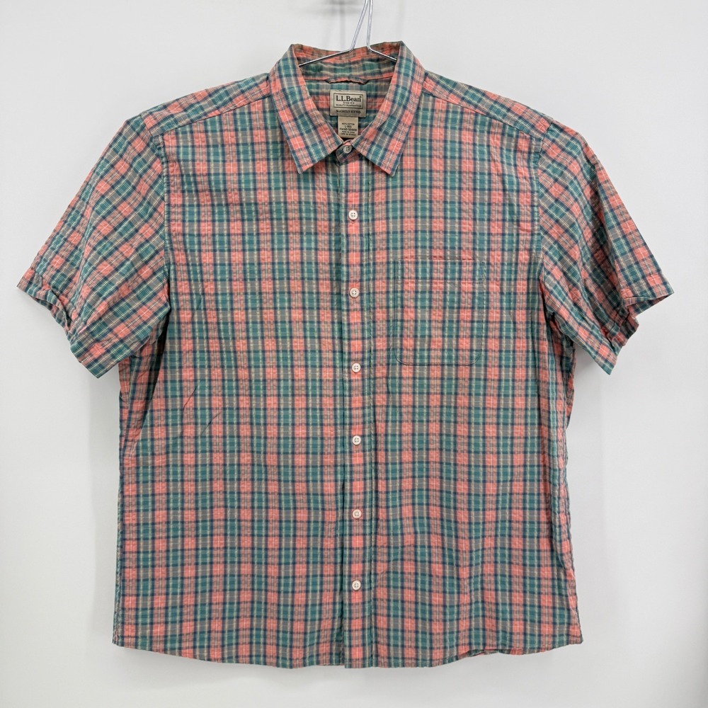 LL Bean Button Down Shirt Mens L Pink Green Plaid Cotton Short Sleeve Fitted